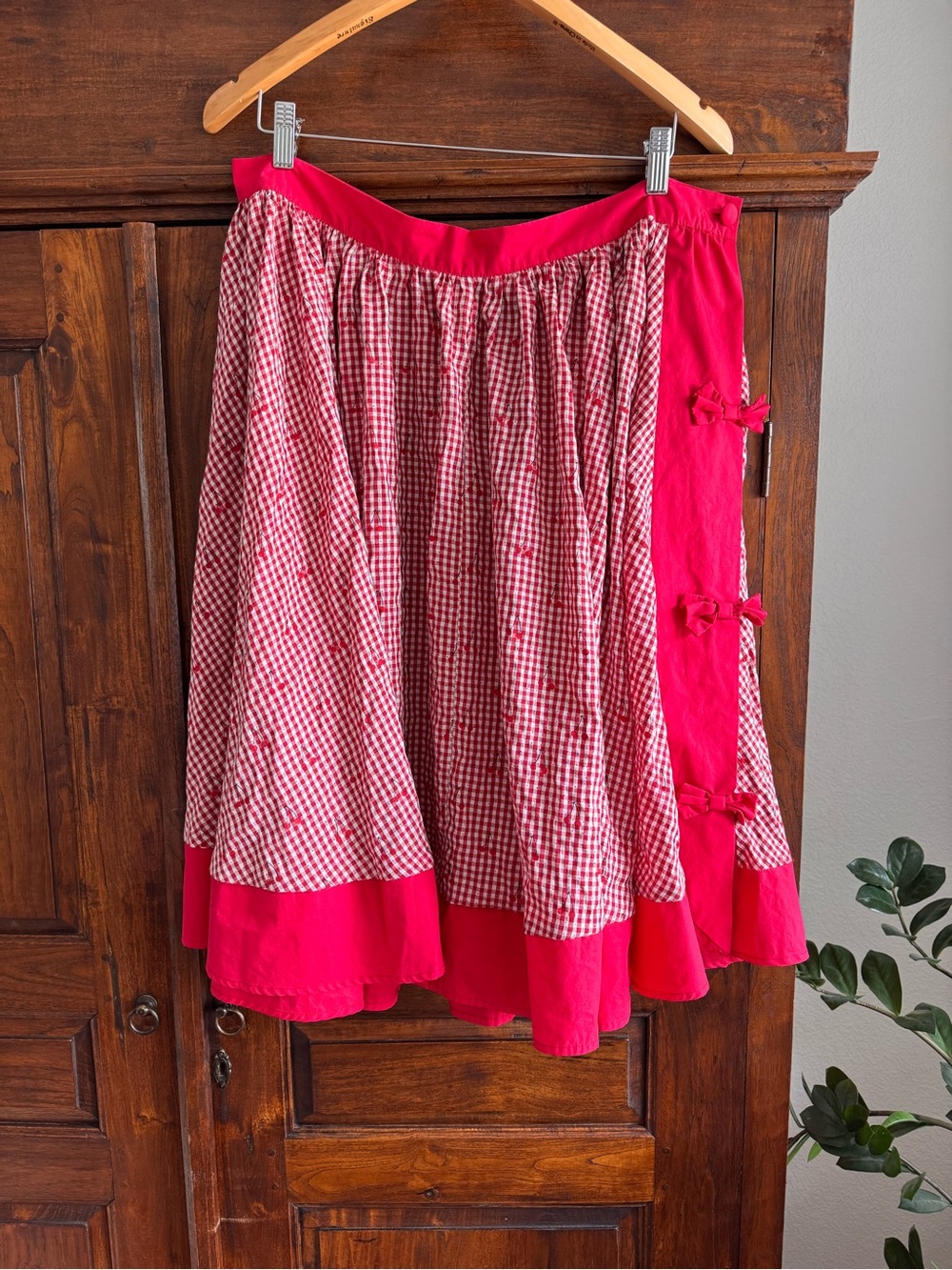 Unique Vintage Red Gingham Cherry Swing Skirt Retro Rockabilly Bow Detail 1950s